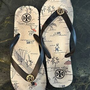 Tory Burch Black and Cream Flip Flops